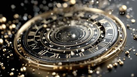 intricate design of a cosmic clock face. detailed cosmic clock face design with golden embellishments and sparkling particles against a dark background.