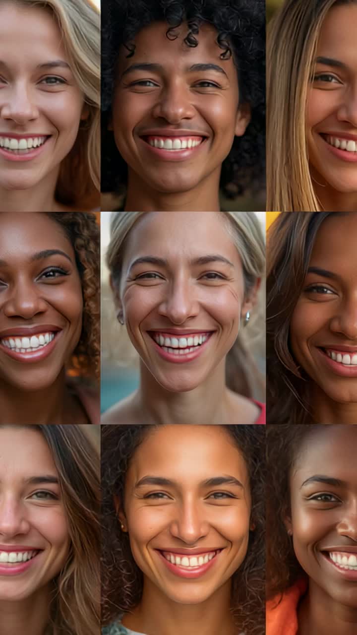 Vertical video: Starting pan, 3x3 collage of nine smiling women shifting on screen to show faces
