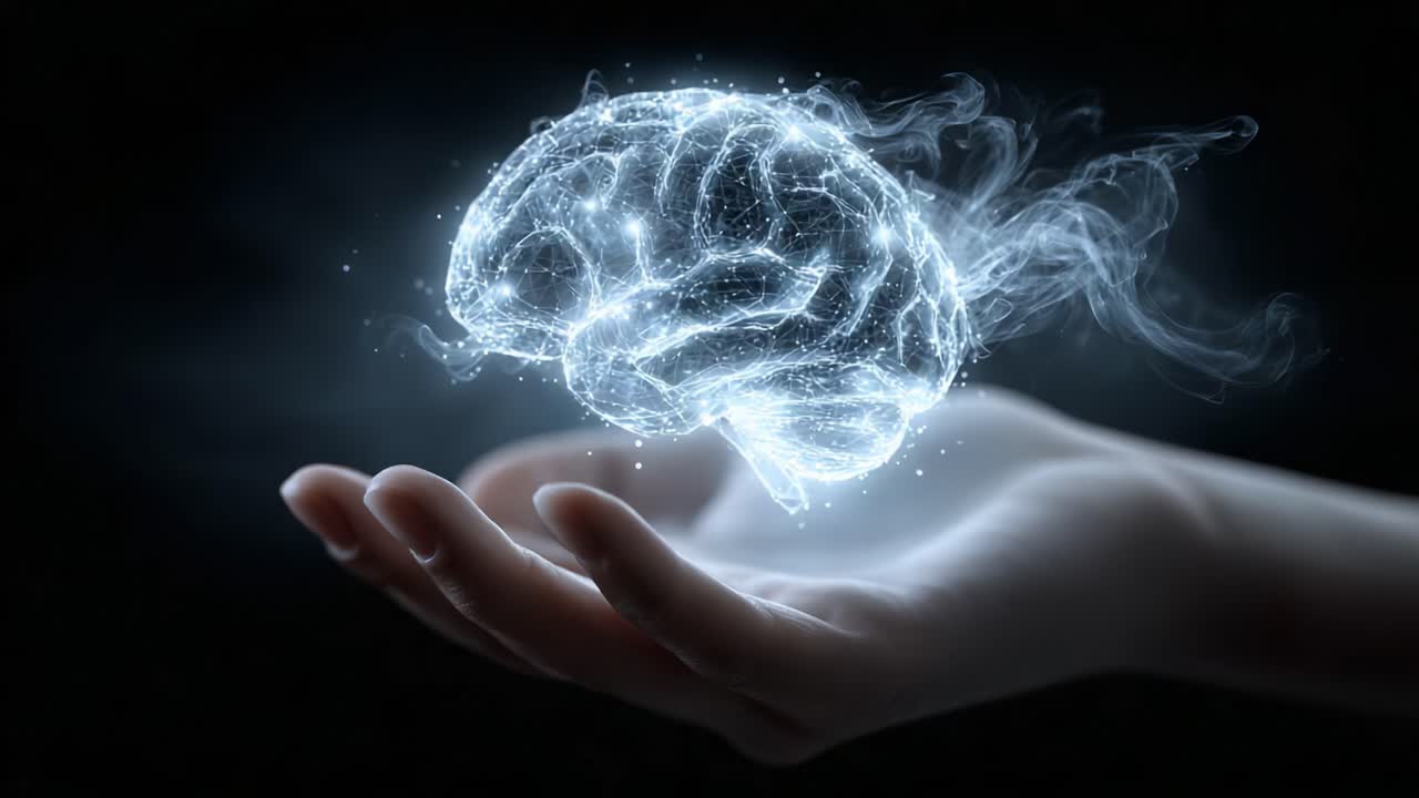A Glowing Brain Hovers Above a Hand, Symbolizing Creativity, Intelligence, and the Mysteries of the Mind in an Ethereal, Dreamlike Setting