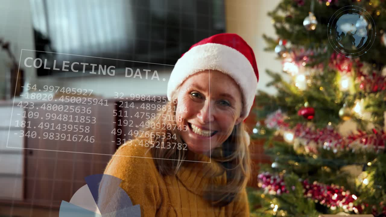 Woman wrapping gifts on red rug as COLLECTING DATA overlay appears, chart showing holiday insights