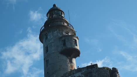 abandoned lighthouse tower under a cloudy sky