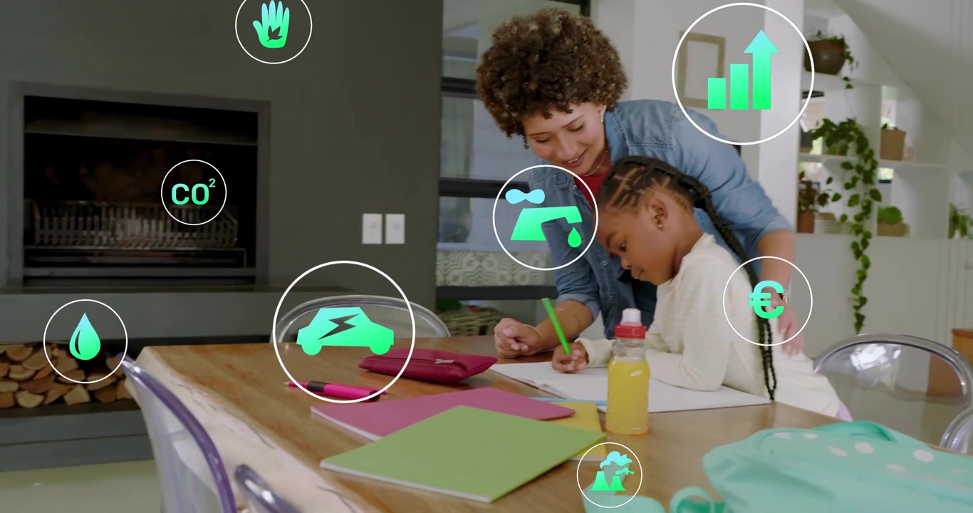 Adult woman placing on shoulder, guiding child writing with green pencil for tutoring in AR overlay