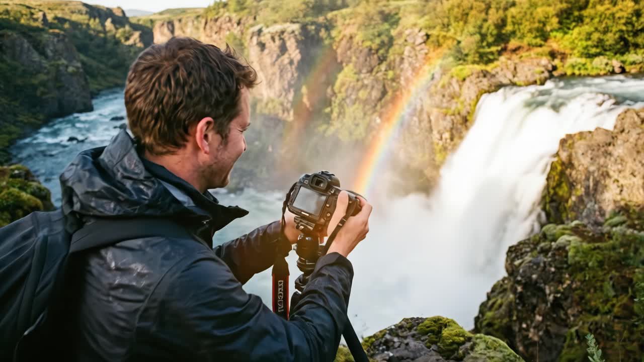 Fotógrafo capturando una cascada y un arcoíris en un cañón