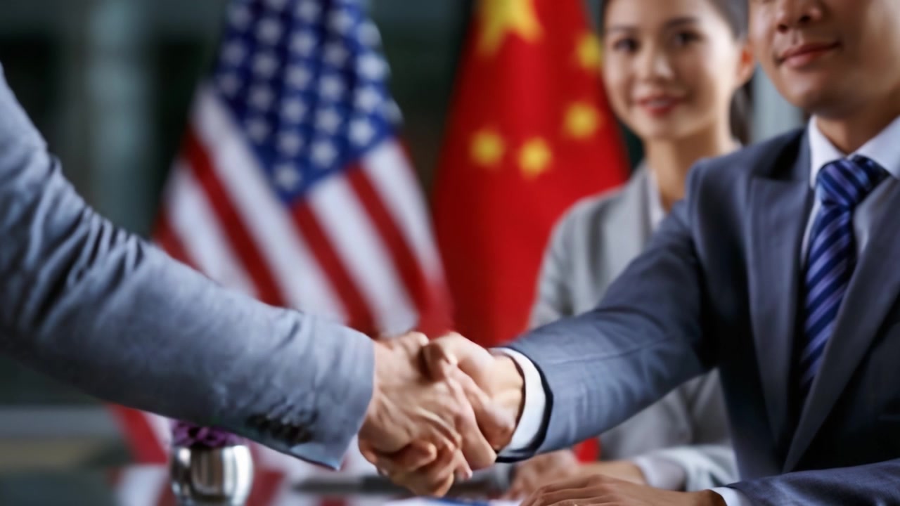 Formal handshake between business representatives representing two nations, showcasing diplomacy and international relations amidst flags symbolizing collaboration and partnership.