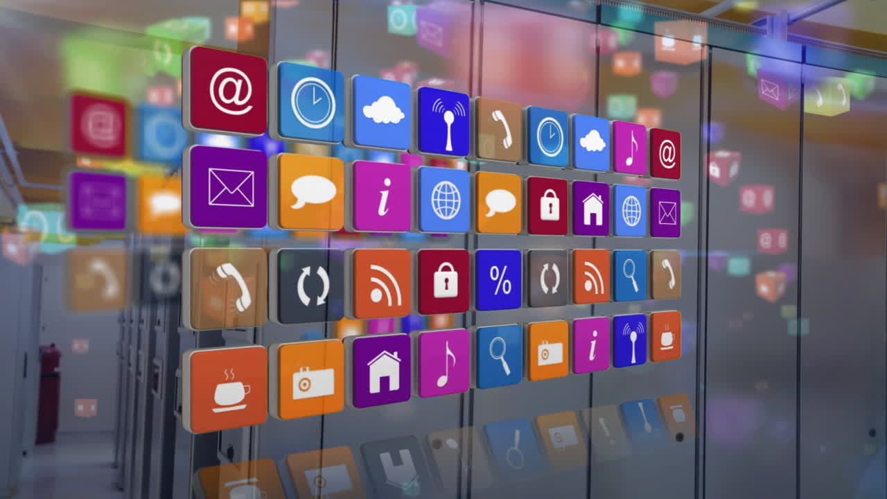 Animation of multiple digital icons floating against computer server room