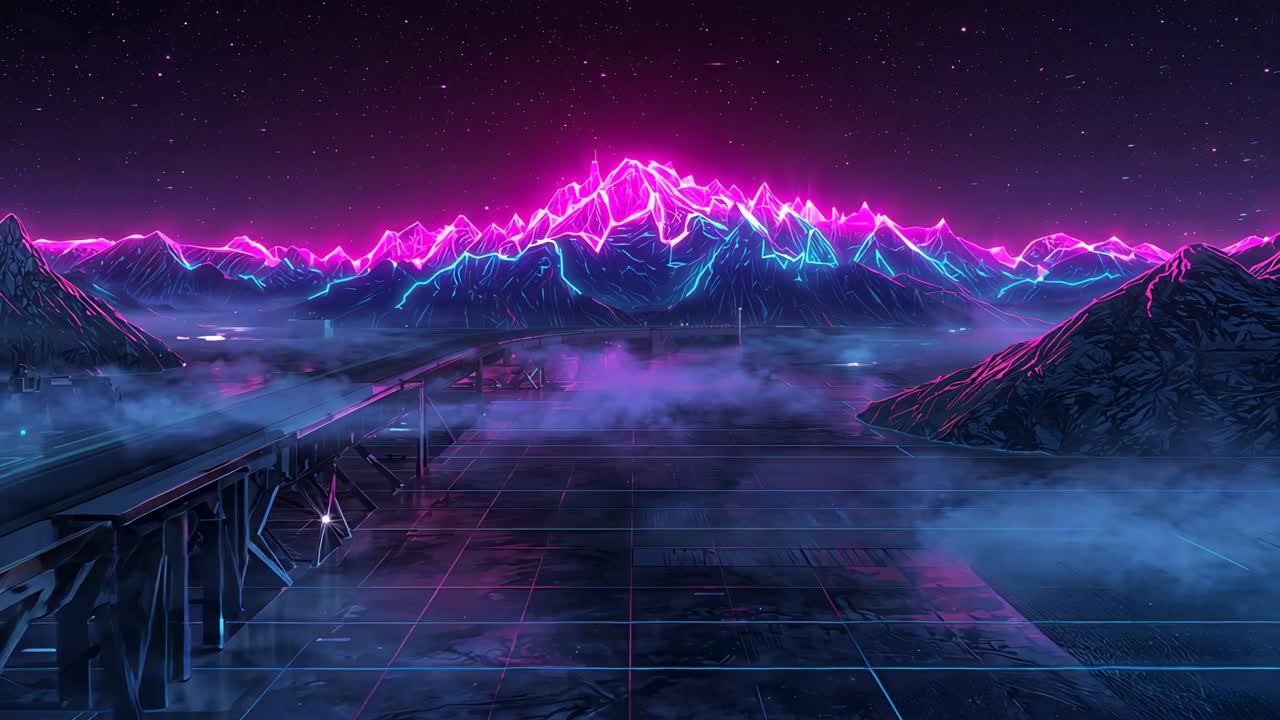 Carrellata in avanti che rivela un crinale al neon e una piattaforma a griglia luminosa di notte, con la nebbia che aggiunge profondità