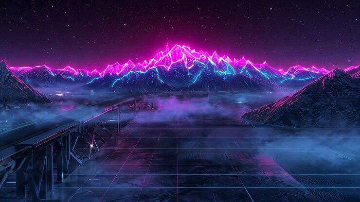 Camera dollying forward revealing neon ridge and glowing grid platform at night, fog adding depth
