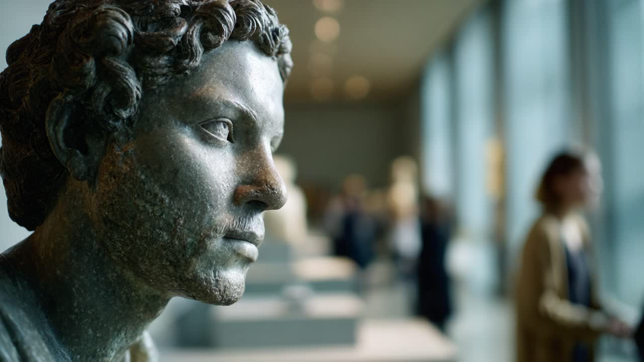 Et nærbillede af en historisk bronzeskulptur afslører indviklede detaljer. Den er udstillet i et moderne kunstgalleri fyldt med besøgende der beundrer kunsten.