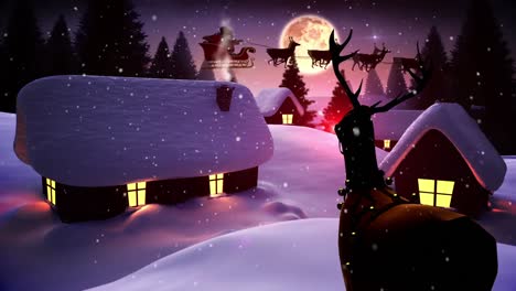 Santa-flying-over-cute-snowy-village-as-rudolph-watches