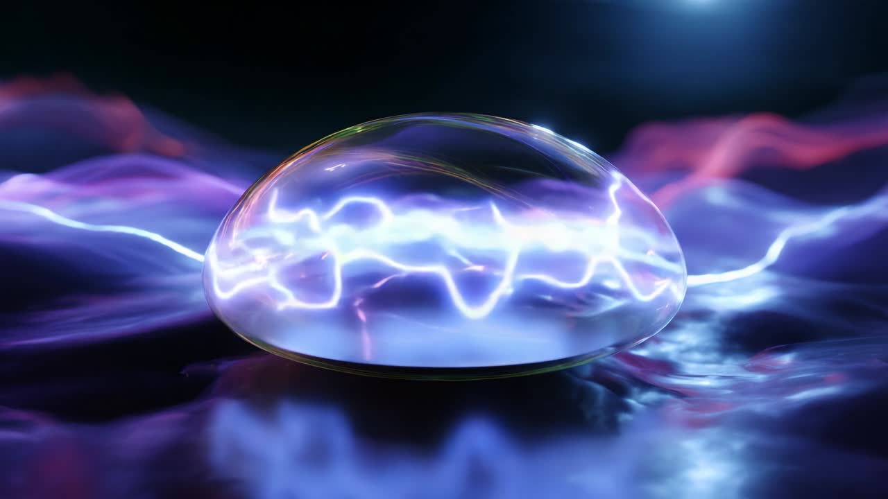 A mesmerizing display of ethereal energy captured within a perfectly formed dome, showcasing vibrant electric currents that dance across a reflective surface of fluid light, creating an otherworldly atmosphere