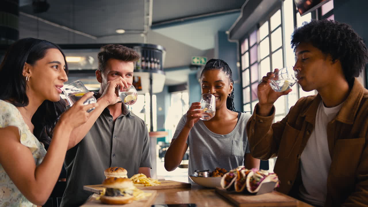 친구 들 의 그룹 이 식당 에서 물 으로 환호 를 하고 있다