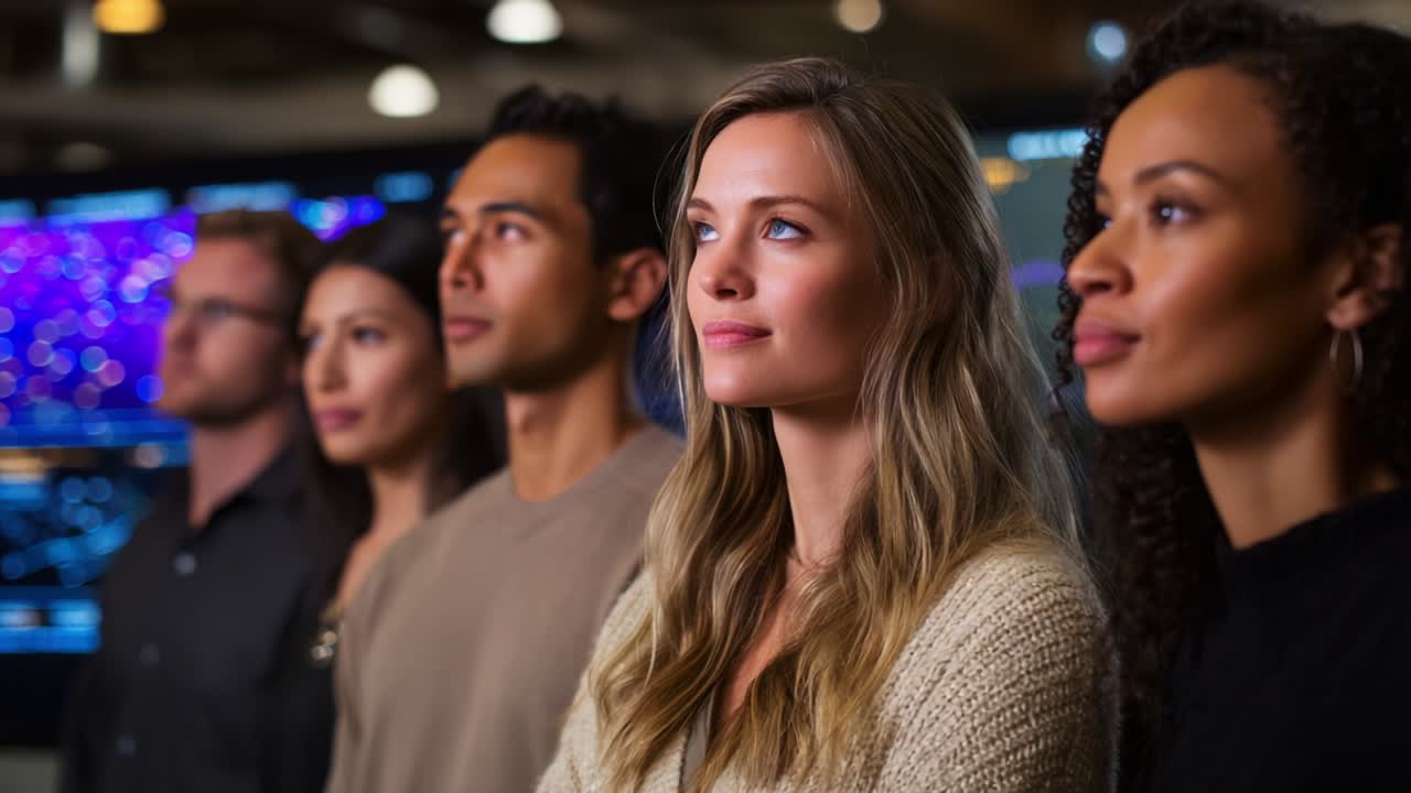 A Diverse Group of Individuals Standing Together in Focus, Showcasing Expressions of Determination and Unity Against a Technological Backdrop with Colorful Displays and Digital Interfaces in a Modern Environment