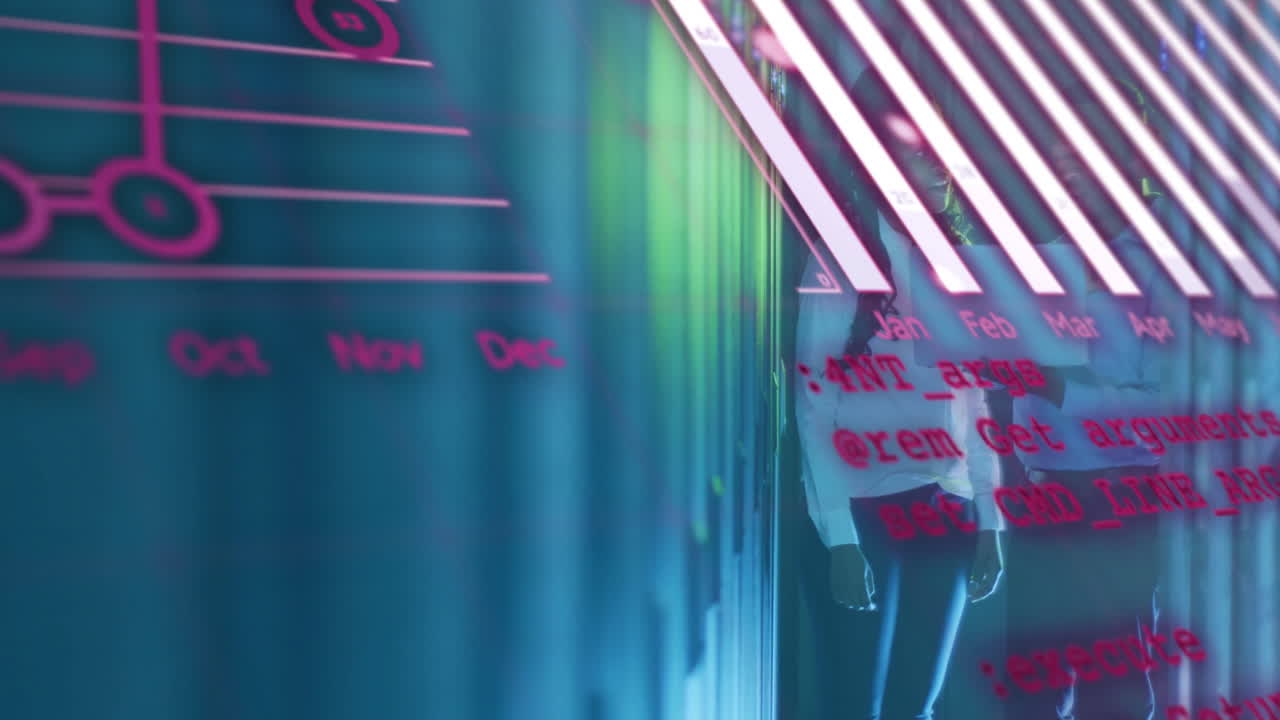 animación de diagramas y procesamiento de datos sobre trabajadores biraciales en la sala de servidores