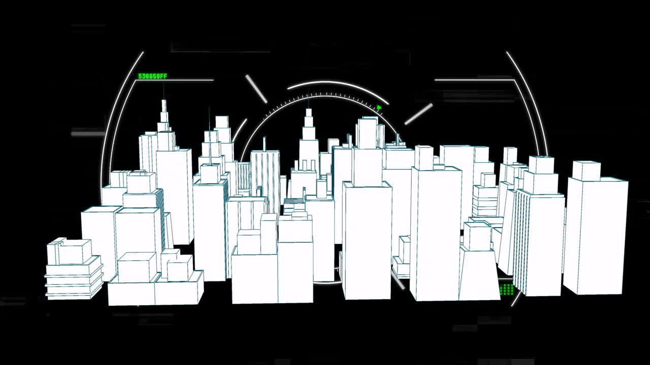 Animation of geometric buildings with digital interface in abstract cityscape design
