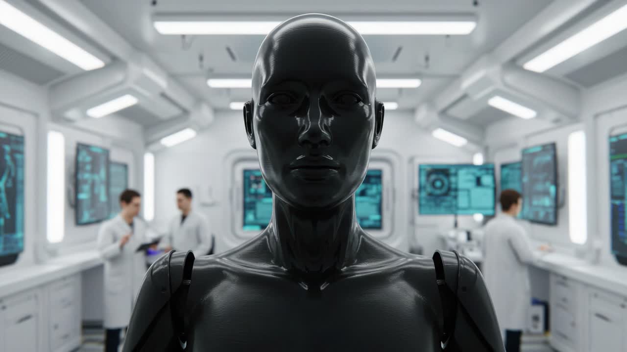 A humanoid robot stands as the focal point in a high-tech laboratory, surrounded by scientists engaged in research and analysis, showcasing the future of technology and innovation