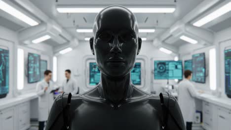 a humanoid robot stands as the focal point in a high-tech laboratory, surrounded by scientists engaged in research and analysis, showcasing the future of technology and innovation