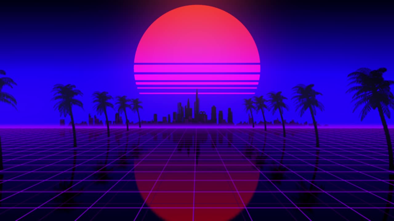 3d Synthwave background. Retrowave neon landscape of the city and sunset at car speed. 80s, 90s, cyberpunk and pc gaming aesthetics concept.