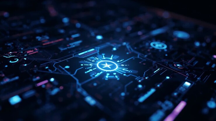Revealing circuit interface shifting in dark, with pulsing star glyph suggesting data transmission