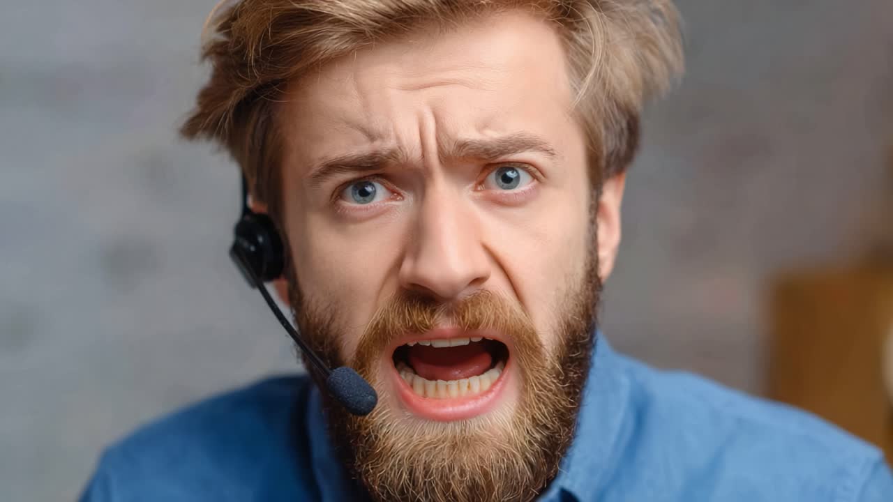 Dramatic Expression of a Man with a Headset Transitioning from Anger to Calmness: Capturing Extreme Emotions and Reactions in a Conversational Context