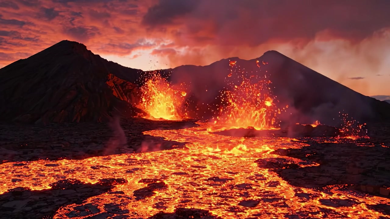 Uno spettacolo mozzafiato di attività vulcanica si dispiega mentre la lava fusa scorre impetuosamente attraverso il terreno accidentato, illuminata dalle tonalità drammatiche di un tramonto infuocato.