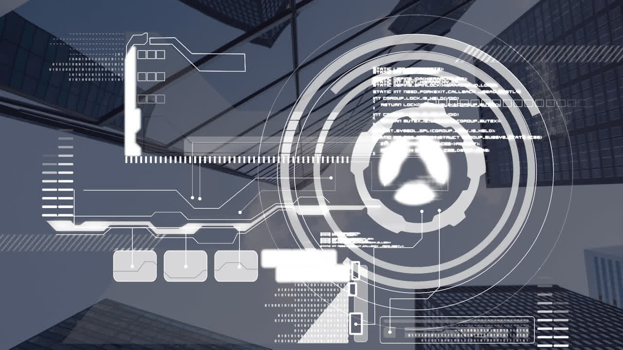 Animation of scope scanning and data processing over cityscape