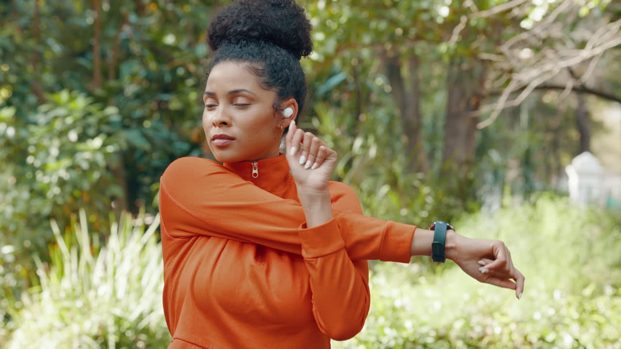 Music, exercise and stretching with a sports woman