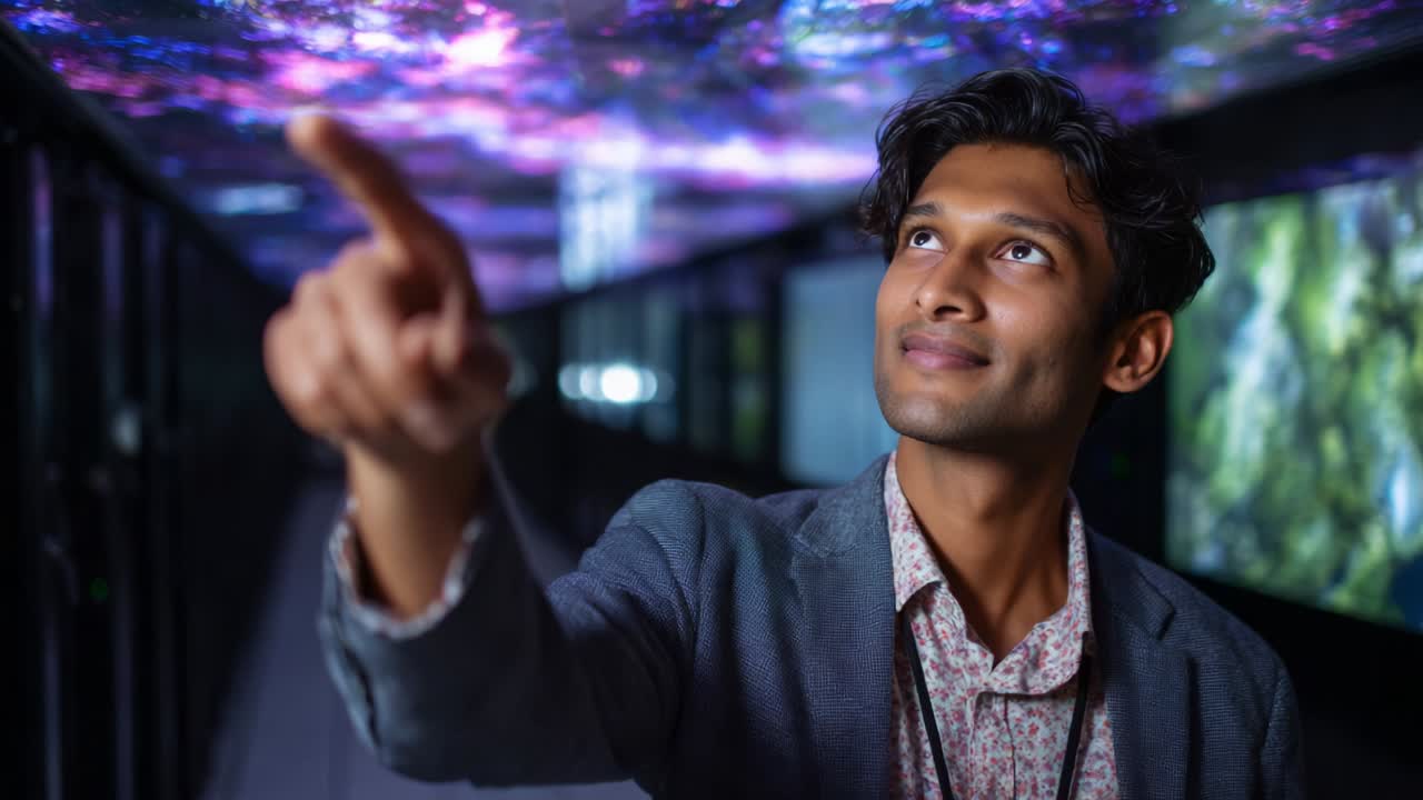 A captivated individual gazes upwards, pointing at an illuminated, mesmerizing ceiling display that features swirling cosmic patterns, showcasing a blend of technology and imagination in a modern environment