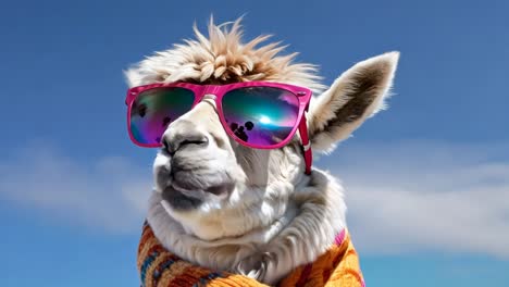 a llama wearing sunglasses and a scarf with a blue sky in the background