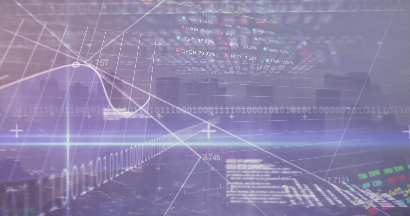 Un bagliore blu che attiva una sovrapposizione di dati finanziari, con grafici e indicazioni percentuali che evolvono sullo skyline.