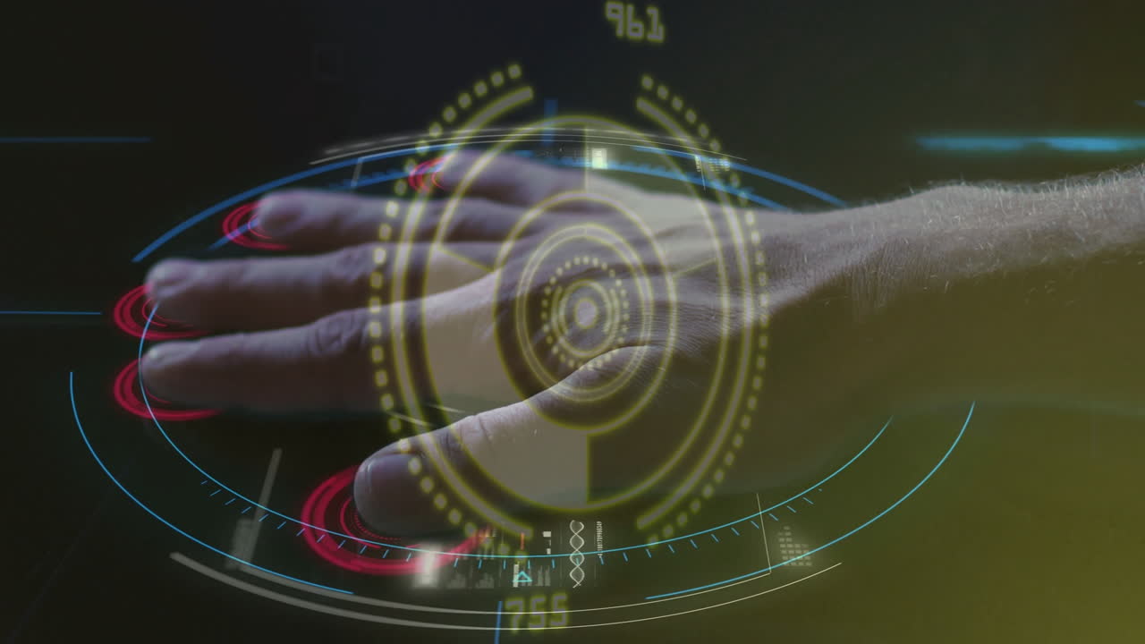 Interacting with animation of futuristic digital interface showing biometric data