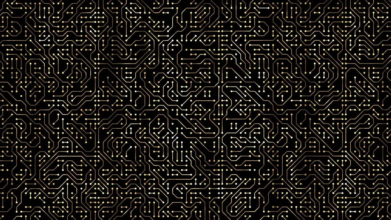 Seamless loop animation of golden circuit board traces with pulsing lights representing high speed data processing on black background, information streams and active connectivity lines