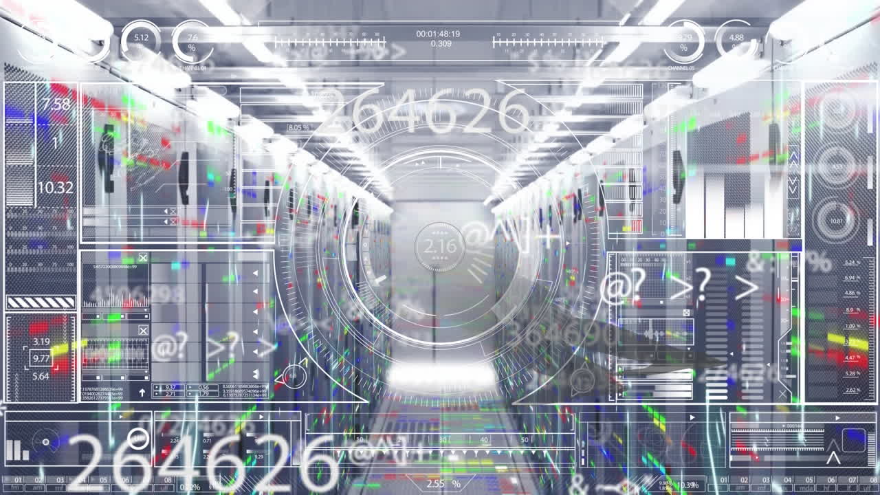 animación del procesamiento de datos y el escaneo del alcance a través de servidores informáticos