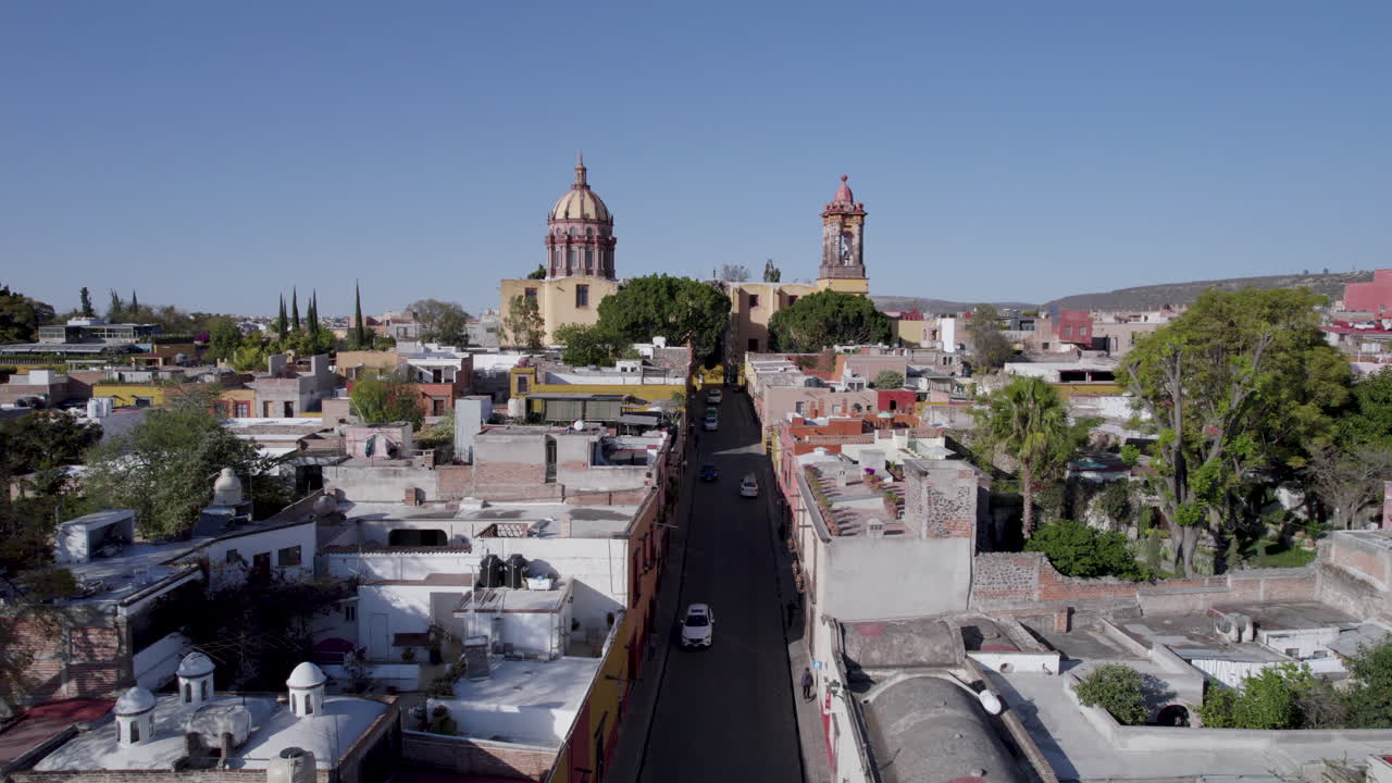 Aerial Drone Shot From Narrow Street In San Miguel De Allende