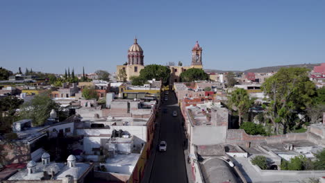aerial drone shot from narrow street in san miguel de allende