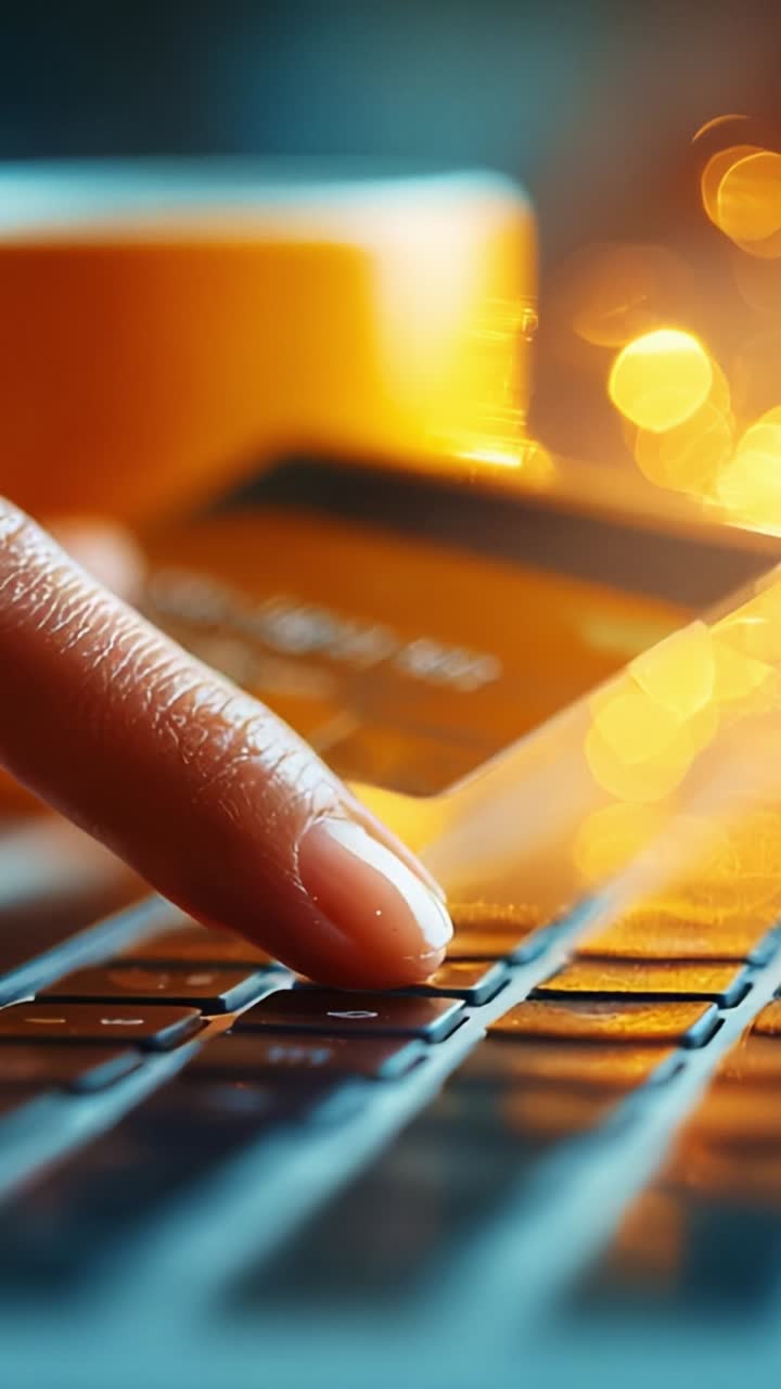 Close-Up View of a Finger Pressing a Key on a Modern Laptop Keyboard with a Glowing Background and Soft Bokeh Effect Reflecting a Productive Environment