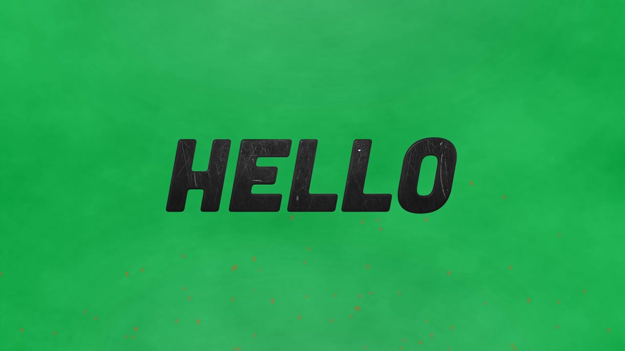Animation of hello text with red flickering particles on grey cloudy background