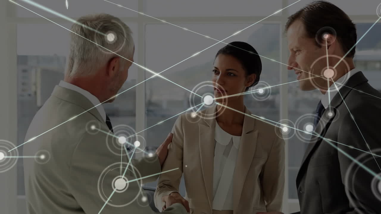 Animation of network of connections with icons over diverse business people in office