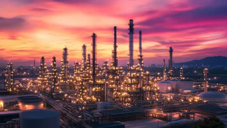 oil refinery at sunset