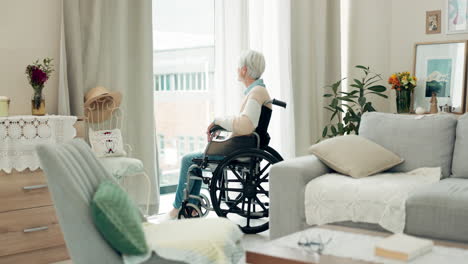 senior woman, wheelchair and thinking by window