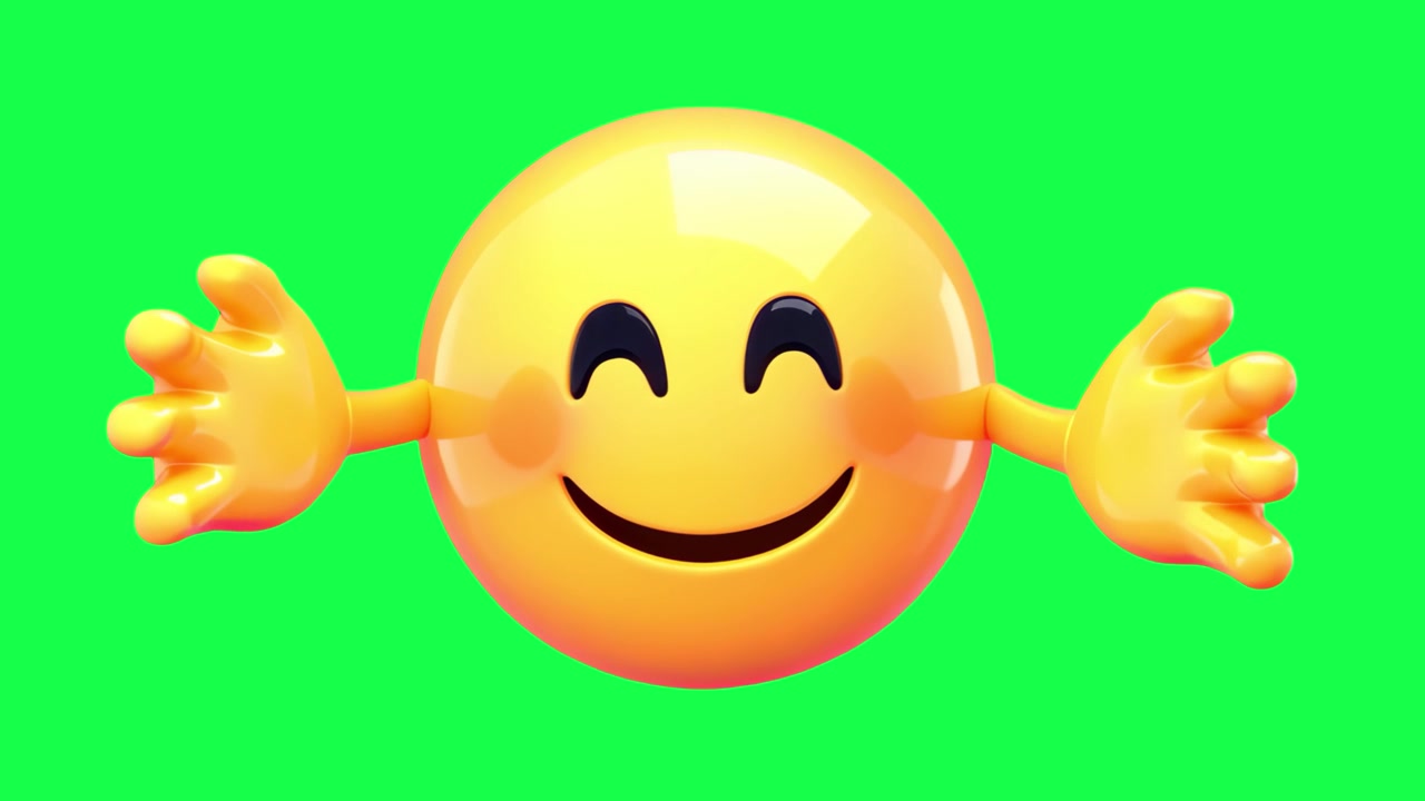 Emoji sorridente con braccia aperte per un abbraccio su sfondo verde.