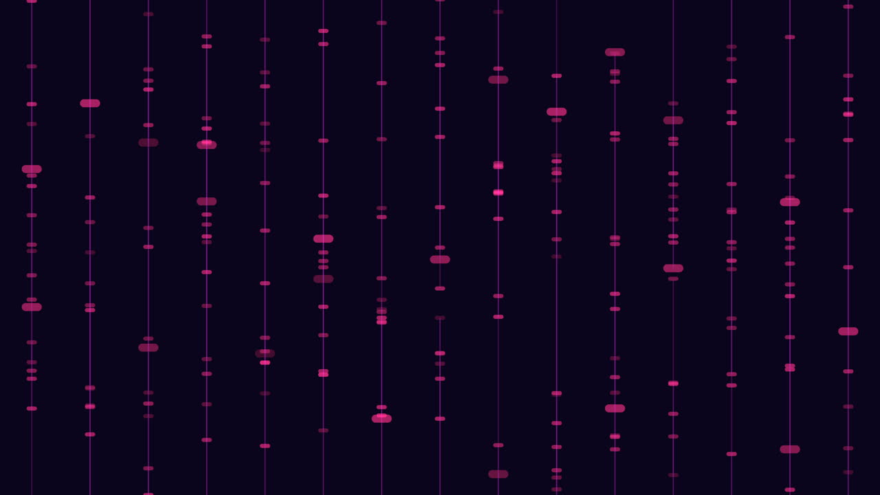 Animated vertical neon lines and glowing particles falling on a dark purple background, creating a futuristic data stream and digital network concept for technology visuals