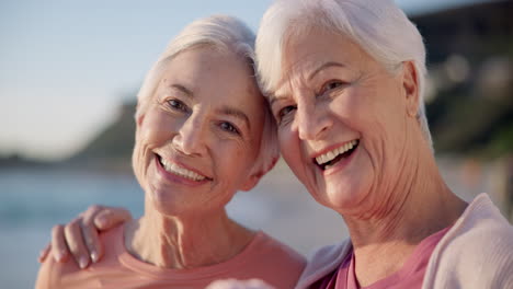 portrait, fitness and elderly women on the beach