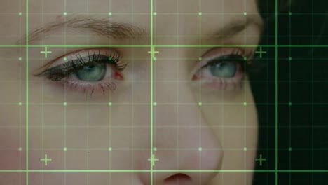 Animation of data processing over caucasian woman&#039;s face and grid