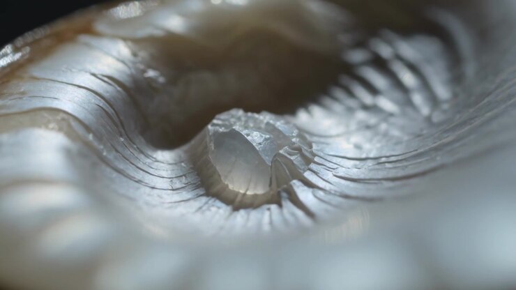 Pulling back camera revealing pearl-like nodule resting in mollusk shell cavity to highlight nacre