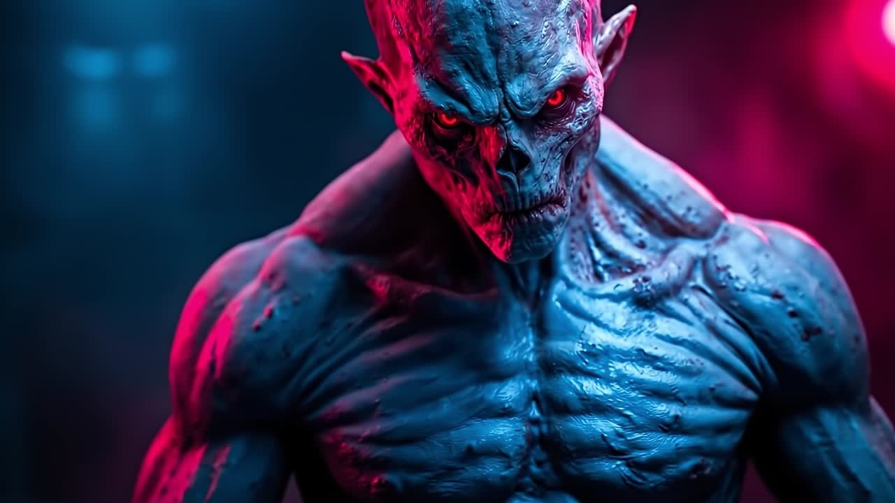 A close up of a statue of a demon with red eyes