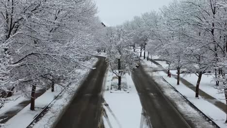 Drohnenvideo-Einer-Straße-Und-Mit-Eis-Und-Schnee-Bedeckten-Bäumen