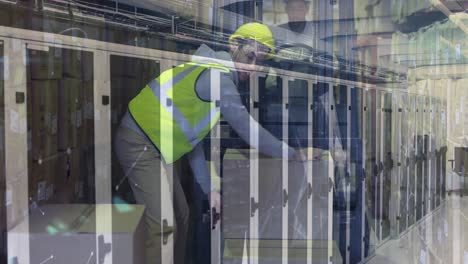 animación de formas sobre trabajador de almacén masculino caucásico y servidores