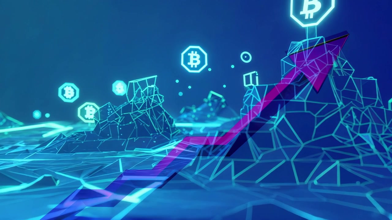 Freccia magenta emergente che sale attraverso una griglia blu neon, con simboli Bitcoin e cumuli che mostrano crescita.