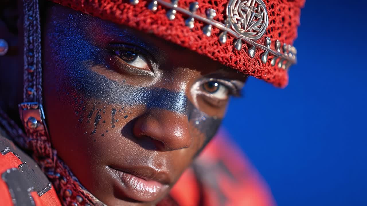 Nahaufnahme einer selbstbewussten Person mit auffälligem Make-up und einzigartiger Kopfbedeckung vor einem lebendigen Hintergrund, die die Essenz von Kunst und Ausdruck einfängt