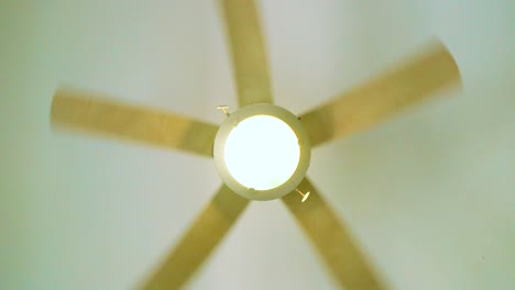 spinning ceiling fan, centrally framed, with the light on in a house